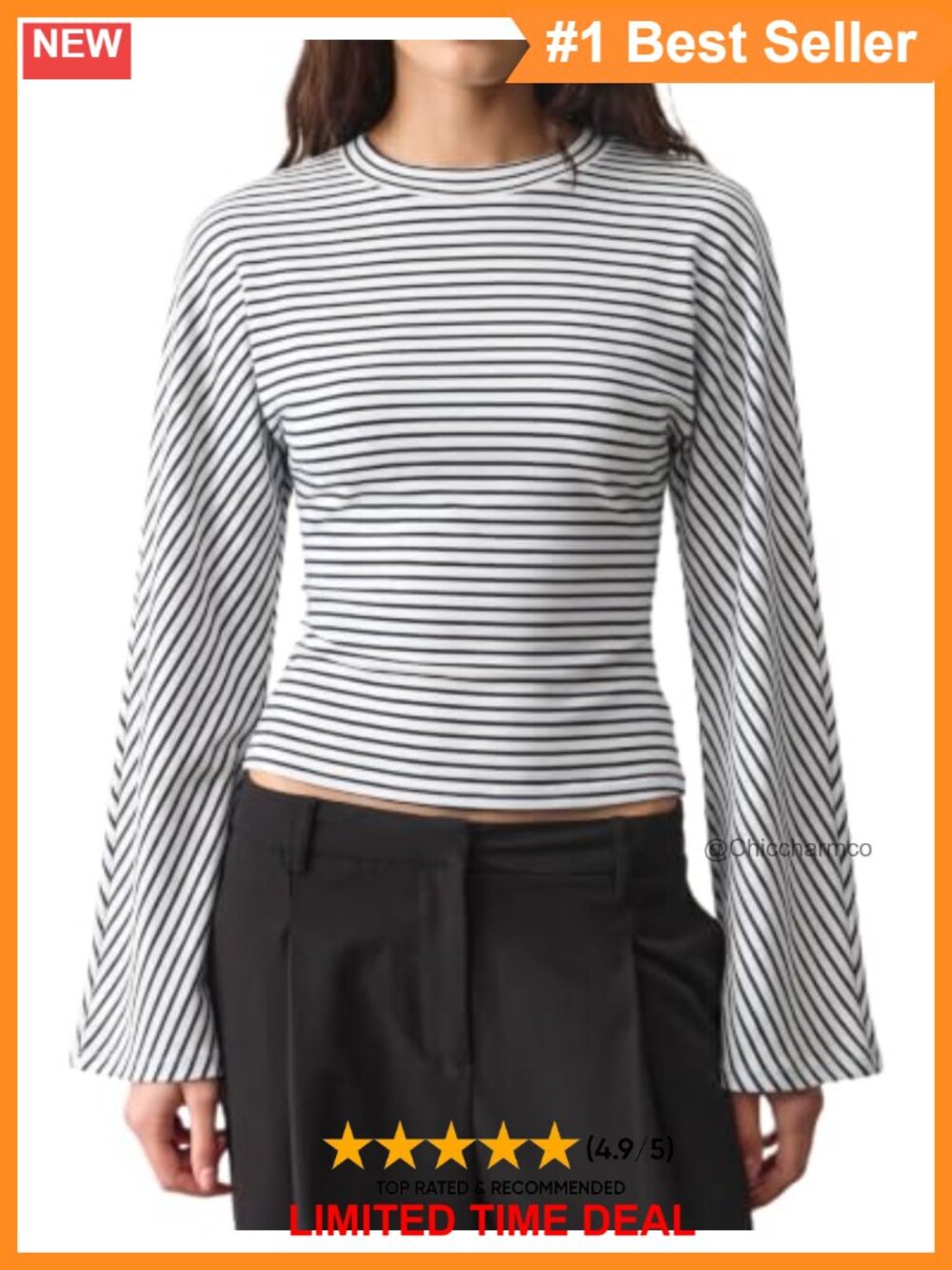 QINSEN Crew Neck Long Sleeve Slim Fit Stretch Striped T-Shirt